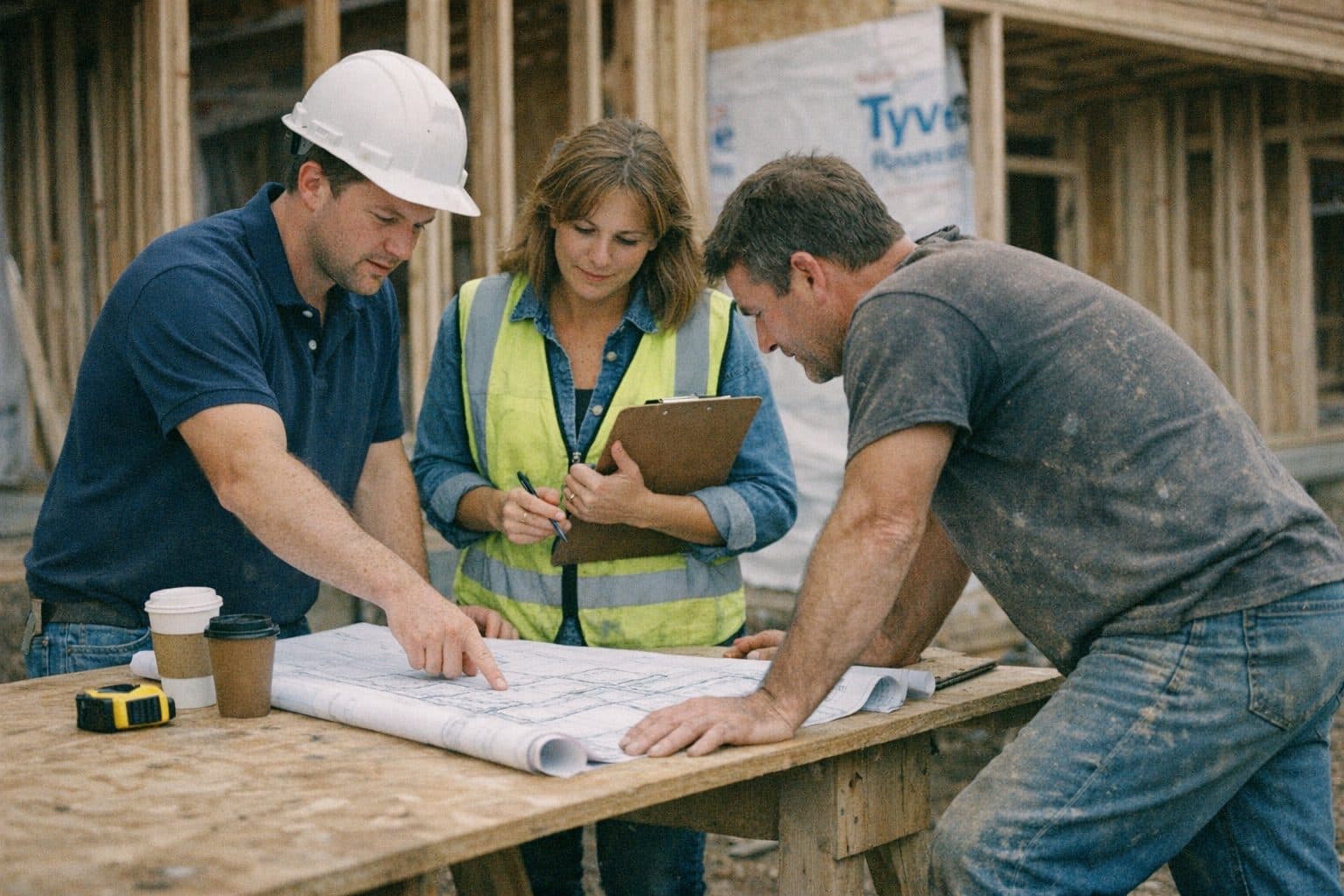 VVH Construction team reviewing blueprints on site